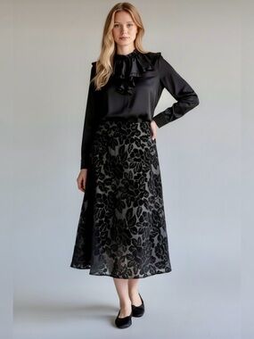 Lily Vintage Silk Blend Floral Velvet Burnout Skirt EUC Size L